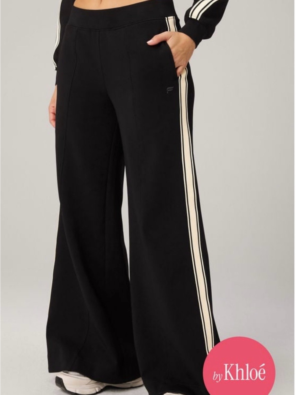 Fabletics Wide-Leg Elevated Black Track Pants with Side Stripes size L